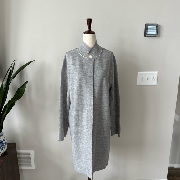 Eileen Fisher Merino Wool High Collar Long Sleeve Open-Front Raw Hem Cardigan - Picture 10 of 11